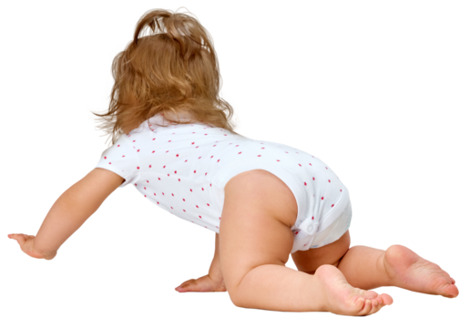 Back view image of little, baby girl in diaper crawling on floor, playing against transparent background. Curious. Concept of childhood and motherhood, beauty, care, life, birth. - Powered by Adobe