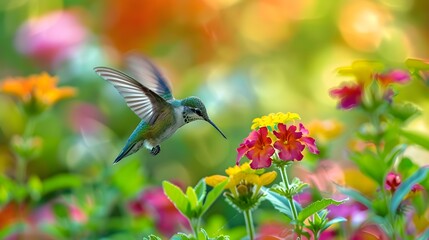 Fototapeta premium A hummingbird hovers near a vibrant flower garden, sipping nectar from blooming flowers. The shot is captured from a side angle, showcasing a rich variety of colors and plants. 