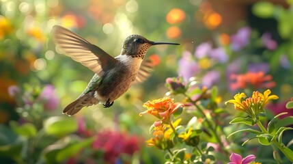 Fototapeta premium A hummingbird hovers near a vibrant flower garden, sipping nectar from blooming flowers. The shot is captured from a side angle, showcasing a rich variety of colors and plants. 