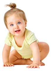 Curious little baby girl, toddler crawling forward and attentively looking with interest against...