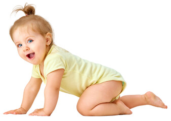 Cheerful, joyful, happy little baby, girl, toddler crawling and laughing against transparent...
