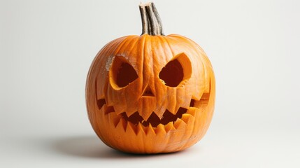 Spooky faced Jack o Lantern Pumpkin against white backdrop