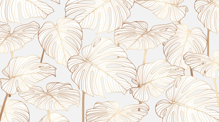 Luxurious botanical tropical background with golden monstera leaves. Tropical vector illustration