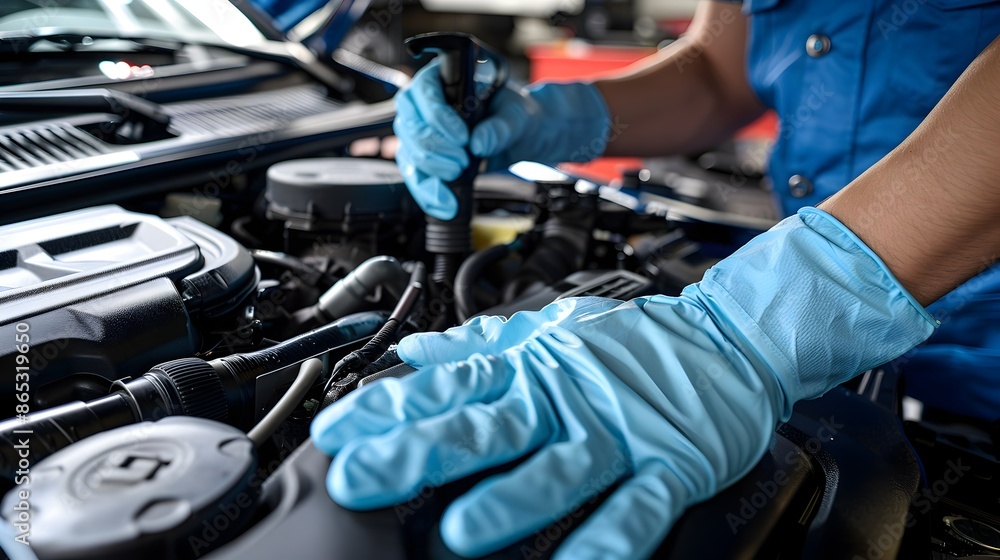 Poster hands carefully inspecting and maintaining engine air intake during routine check