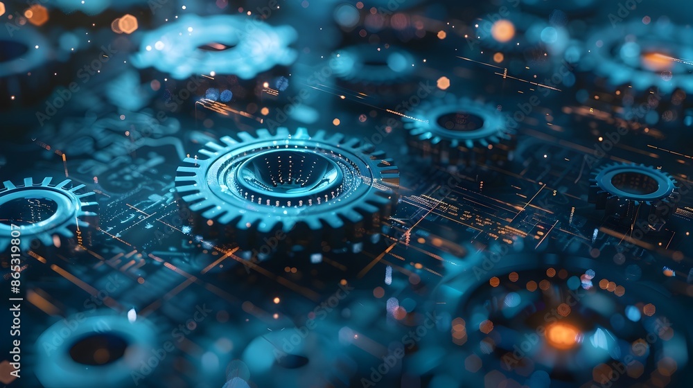 Poster transparent 3d gears with digital data overlay representing business analytics and innovation