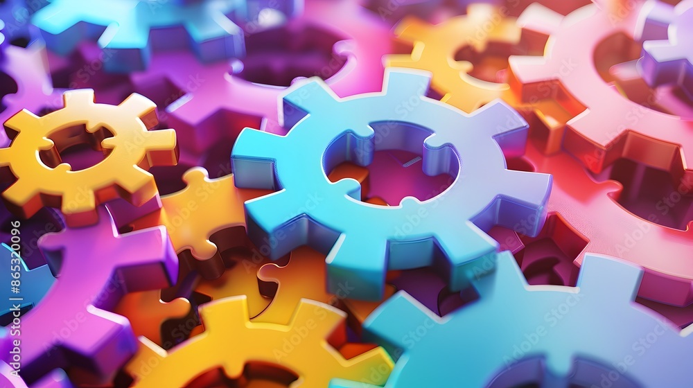 Poster vibrant 3d gears made of puzzle pieces representing business strategy and problem-solving