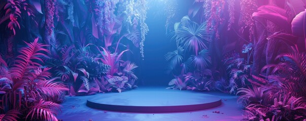 Podium in a neon-lit forest with digital animals