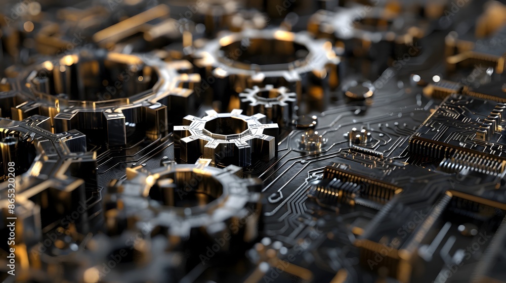 Aufkleber digital 3d gears made of circuit board patterns symbolizing tech and business growth