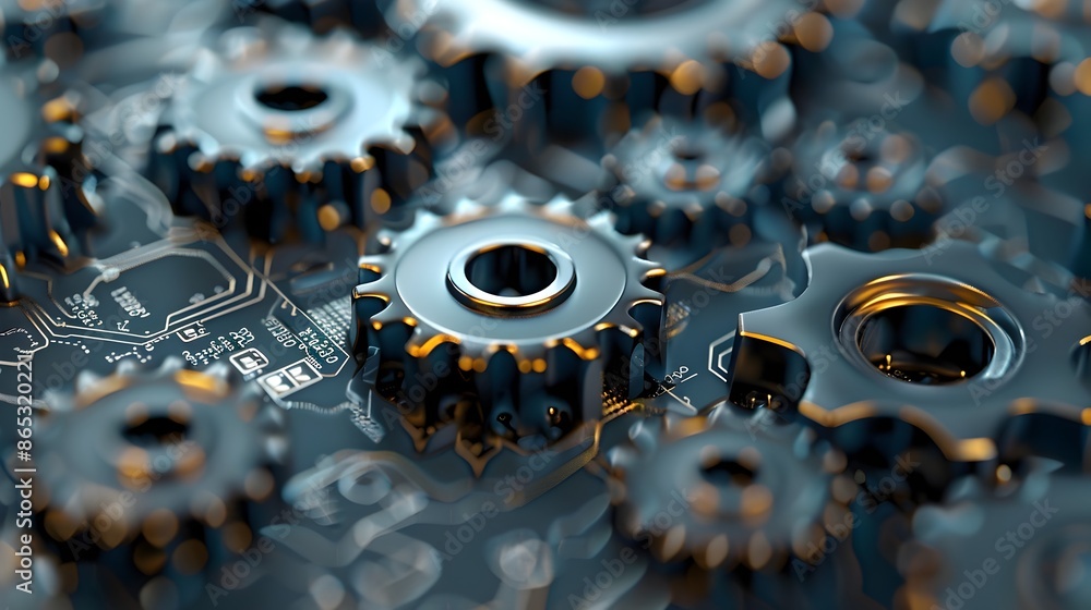 Poster digital 3d gears made of circuit board patterns symbolizing tech and business growth