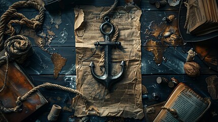 antique nautical chart navigation map pattern on old paper texture , with anchor on wooden table background, wallpaper
