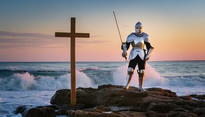 Ephesians - The Armor of God. The Knight wearing Armor of God based on Bible text in Ephesians 6. 
Breastplate of Righteousness and Shield of Faith. 