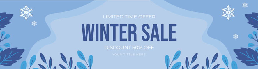 Winter sale banner template with snow flakes and leaves, sale design Vector illustration