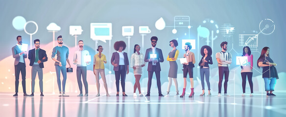 Group of multinational people and technology. Digital transforma