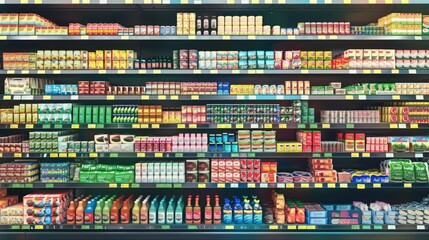 A retail shelf in a grocery store aisle filled with a variety of food and drinks. Different bottles with yogurt, juices and other dairy row.