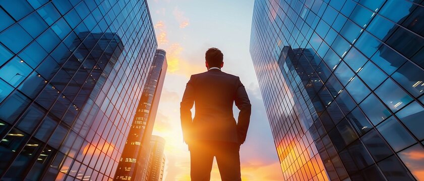 Businessman stands between skyscrapers,looking at sunset,success and ambition in business concept.
