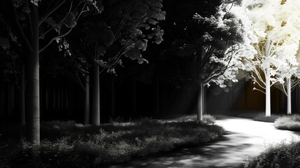Obraz premium Black white forest with bright light at end path, discover hope explore journey
