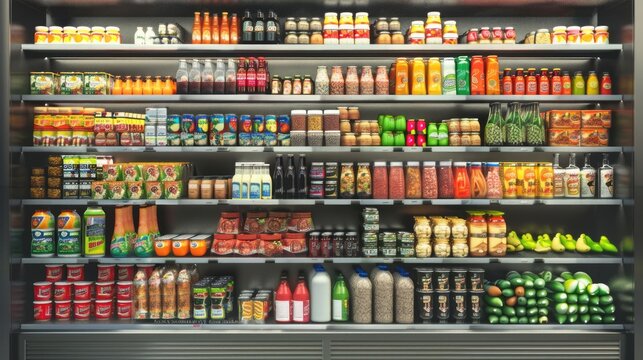 A retail shelf in a grocery store aisle filled with a variety of healthy food and drinks. Different bottles with yogurt, juices and other dairy.