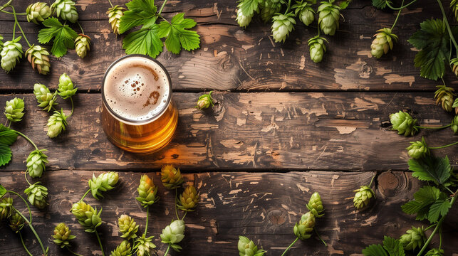 A glass of beer next to hop cones on a wooden background, with space for text. This composition perfectly reflects the character of craft beer, with the possibility of personalizing the inscription.