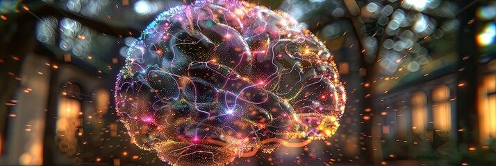 A computer generated image depicting a brain created from luminous particles