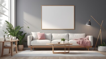 Scandinavian living room interior with blank horizontal poster frame mockup and modern sofa,3D rendering. Mockup poster frame with minimalist modern interior background.