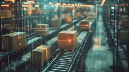Advanced Logistics Warehouse. Modern automated warehouse with cardboard boxes on conveyor belts and digital technology overlays. Industrial automation, supply chain management, and smart logistics.