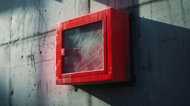 Empty red emergency container with breakable glass, attached to the wall.
