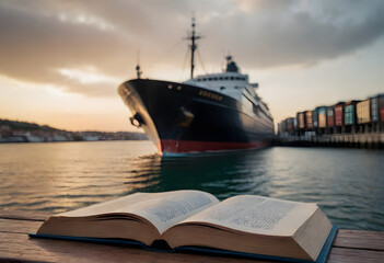 An open book in the foreground, with one or more boats floating in a harbor in the background.