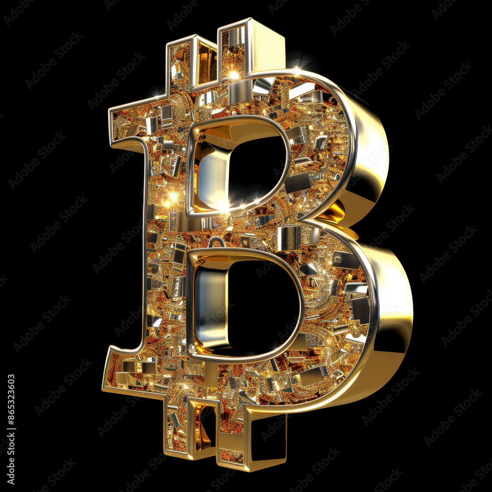 Poster golden bitcoin symbol with sparkling digital elements on black background