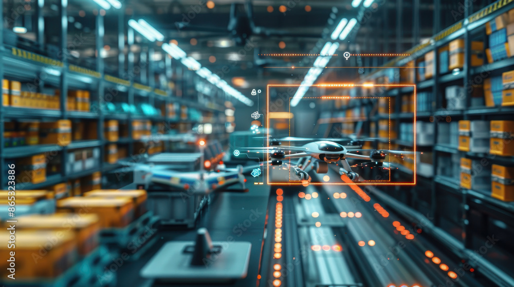 Aufkleber drone flying inside warehouse with automated conveyor system and package tracking technology