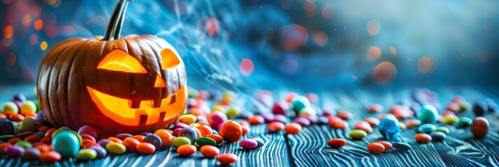 halloween pumpkin and various of candy. copy space