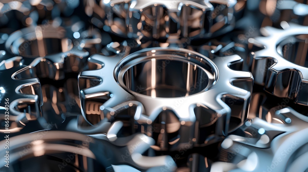 Poster polished chrome 3d gears in seamless metallic pattern symbolizing efficient business