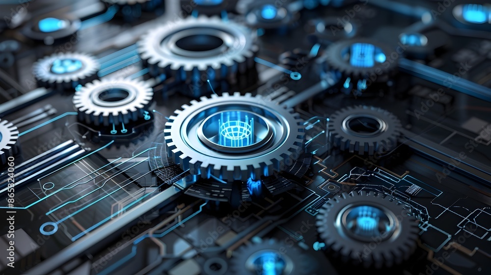 Poster automated digitized business processes symbolized by 3d gears with virtual control panels