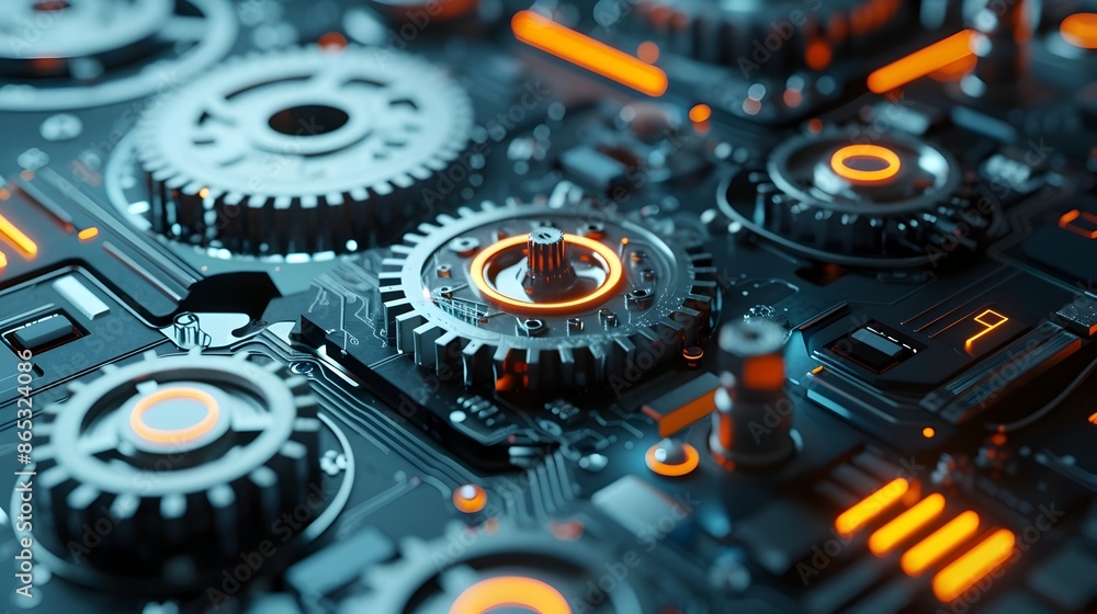Aufkleber futuristic 3d gears and virtual control panels symbolizing automated business processes