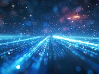 Obraz premium A digital artwork featuring a blue background with horizontal light streaks and glowing particles