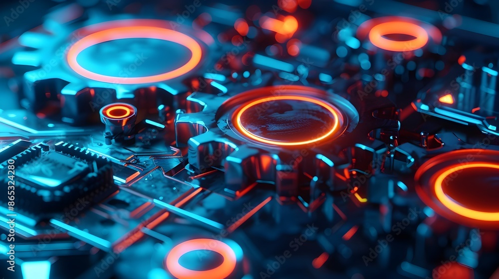 Aufkleber high-tech 3d gears with neon circuits symbolizing modern business infrastructure and tech