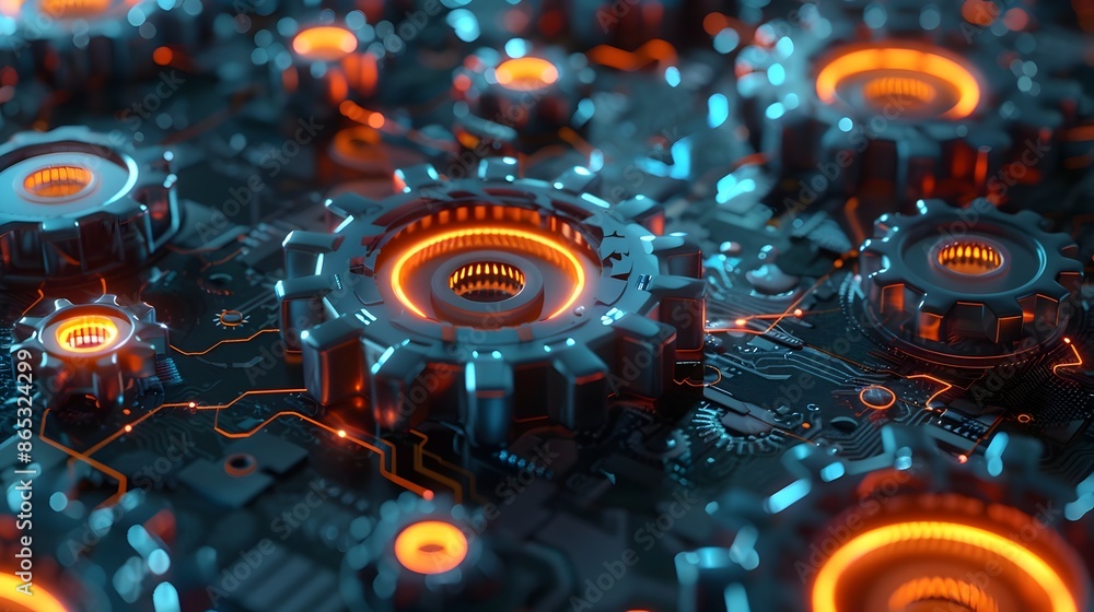 Poster cutting-edge 3d gears with luminous circuits symbolizing technological infrastructure