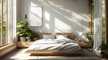 Cozy bedroom featuring Scandi-design simplicity, with soft, muted colors and natural wood finishes. The centerpiece is a low, wooden bed frame dressed in light, breathable linens.