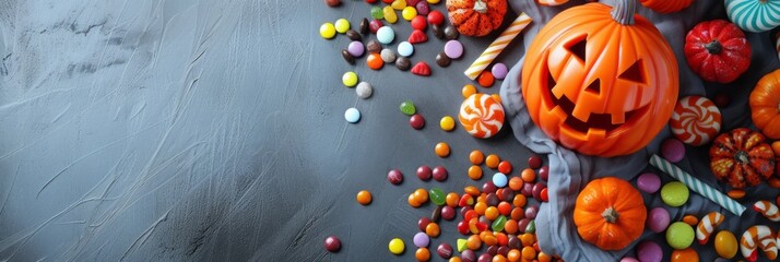 halloween pumpkin and various of candy. copy space