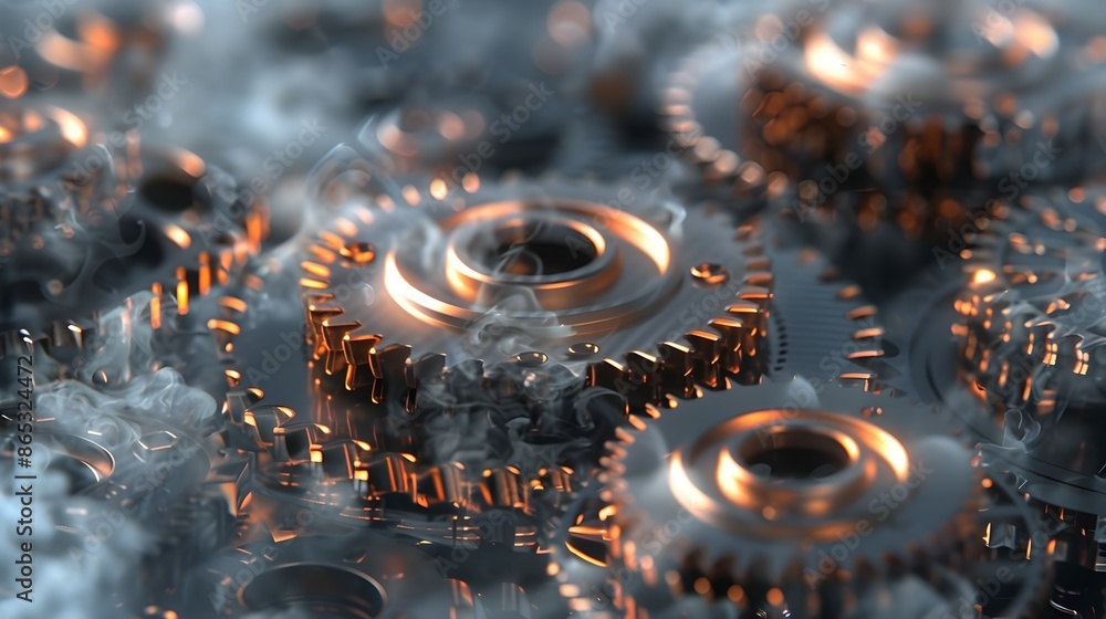 Poster metallic 3d industrial gears with steam and cogs representing business processes and mechanical