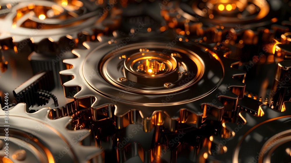 Poster metallic 3d gears with steam and cogs representing industrial business processes and mechanical