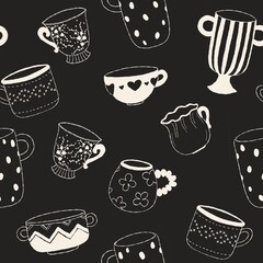 Kitchen sketch vintage decor, mugs and cups seamless pattern, wrapping paper design. Seamless pattern on blackbackground. wallpaper decor, paper, printable, fabric design