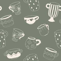 Kitchen sketch vintage decor, mugs and cups seamless pattern, wrapping paper design. Seamless green pattern wallpaper decor, paper, printable, fabric design
