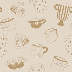 Kitchen sketch vintage decor, mugs and cups seamless pattern, wrapping paper design. Seamless beige pattern on light background. wallpaper decor, paper, printable, fabric design