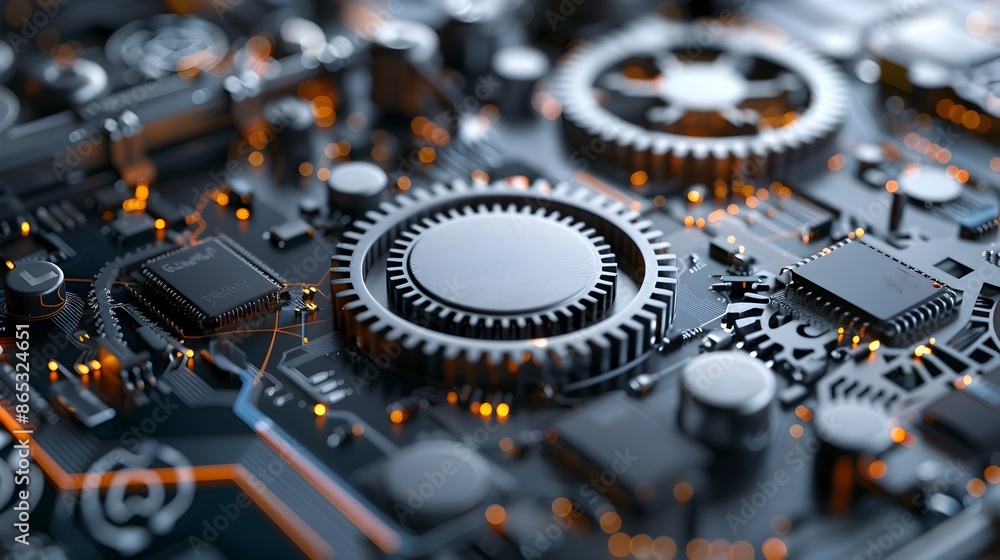 Poster intricate cogs and microchips symbolizing technological business precision