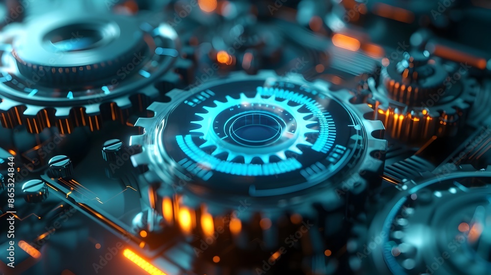 Poster futuristic 3d gears with holographic data displays for tech-forward business strategies