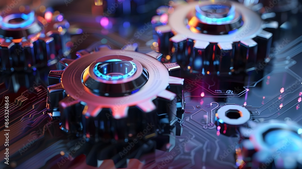 Poster futuristic 3d gears with holographic data displays symbolizing tech-forward business strategies