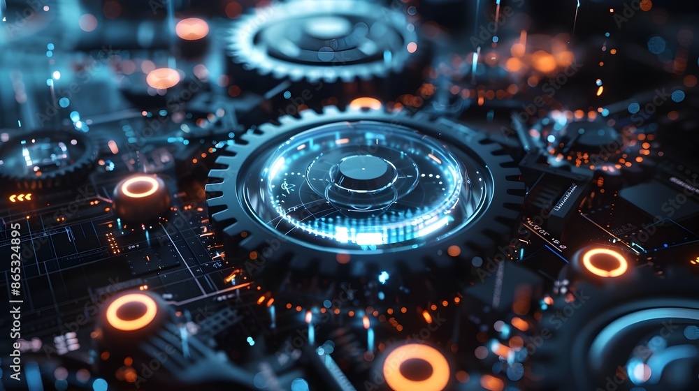 Poster futuristic gears with holographic data displays for tech-forward business strategies