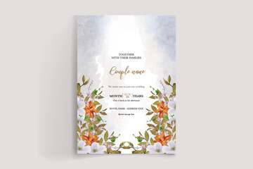 WEDDING INVITATION FRAME WITH FLOWER DECORATIONS AND FRESH LEAVES 