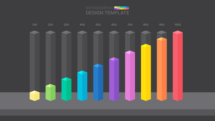 Colourful slim chart bars template, clear infographic set from 10%-100%. Flat design elements for app UI UX, web banners, buttons, and vector illustrations on a dark background.