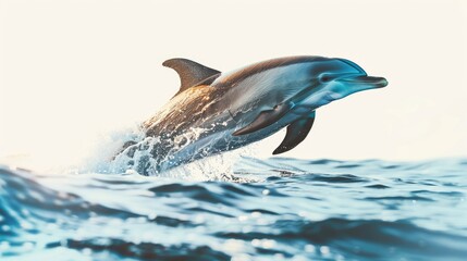 Fototapeta premium Beautiful dolphin gliding through the water against a white backdrop, symbolizing freedom and tranquility in the ocean